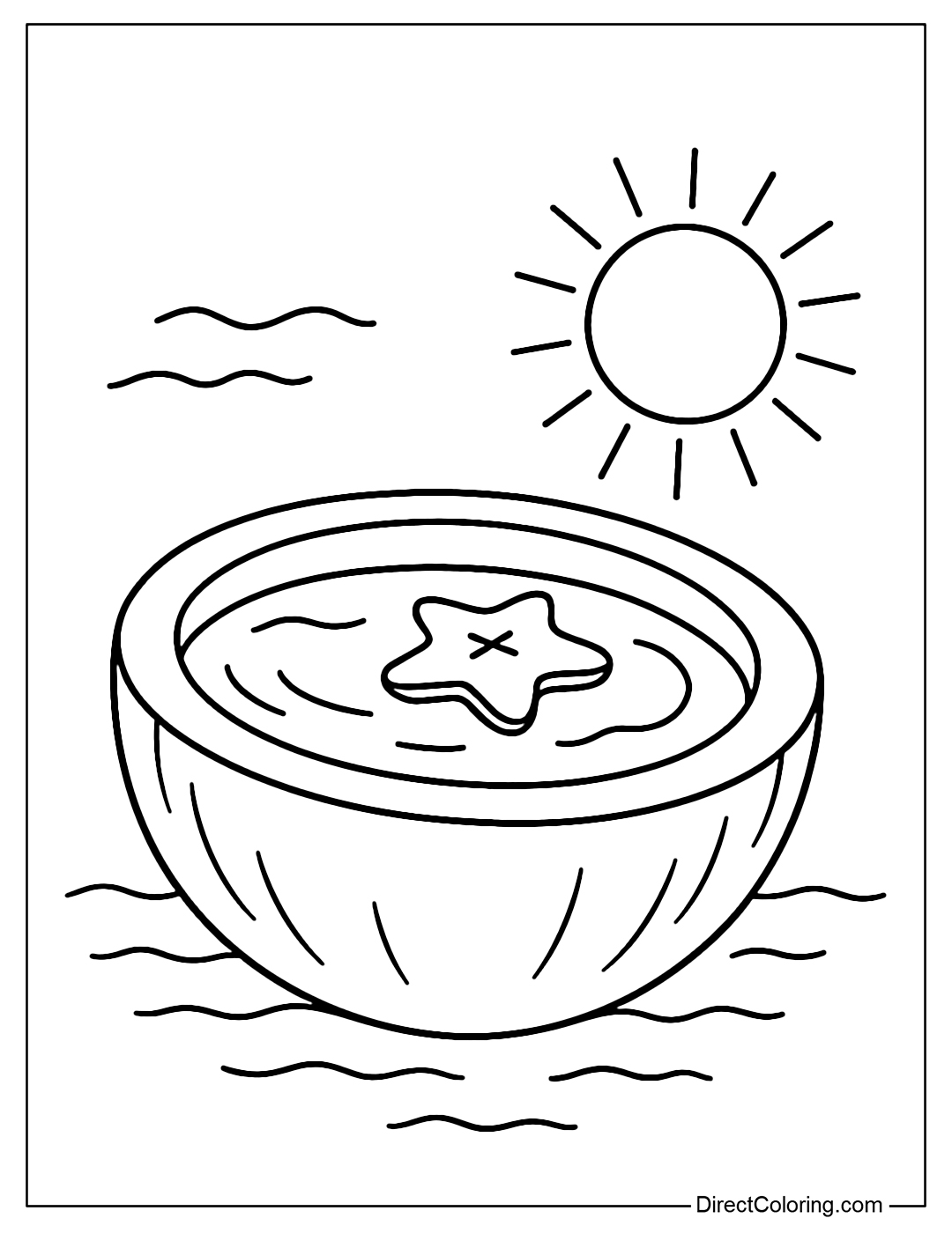 Coloring page of a half coconut used as a mini swimming pool floating on the sea, inside is coconut water and a small star-shaped float floating, behind are a few ripples and the sun.